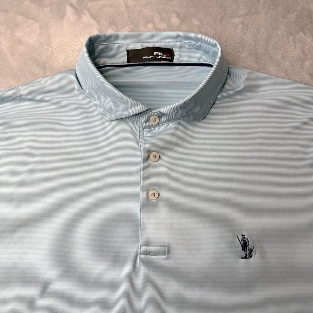 RLX Ralph Lauren Mens Light Blue Striped Short Sleeve Golf Polo Shirt Size L